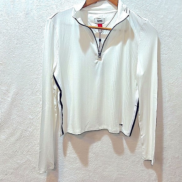 Tommy Jeans Women's Side-Striped Quarter-Zip Mock-Neck Top White/Blue Size M New - Picture 2 of 6
